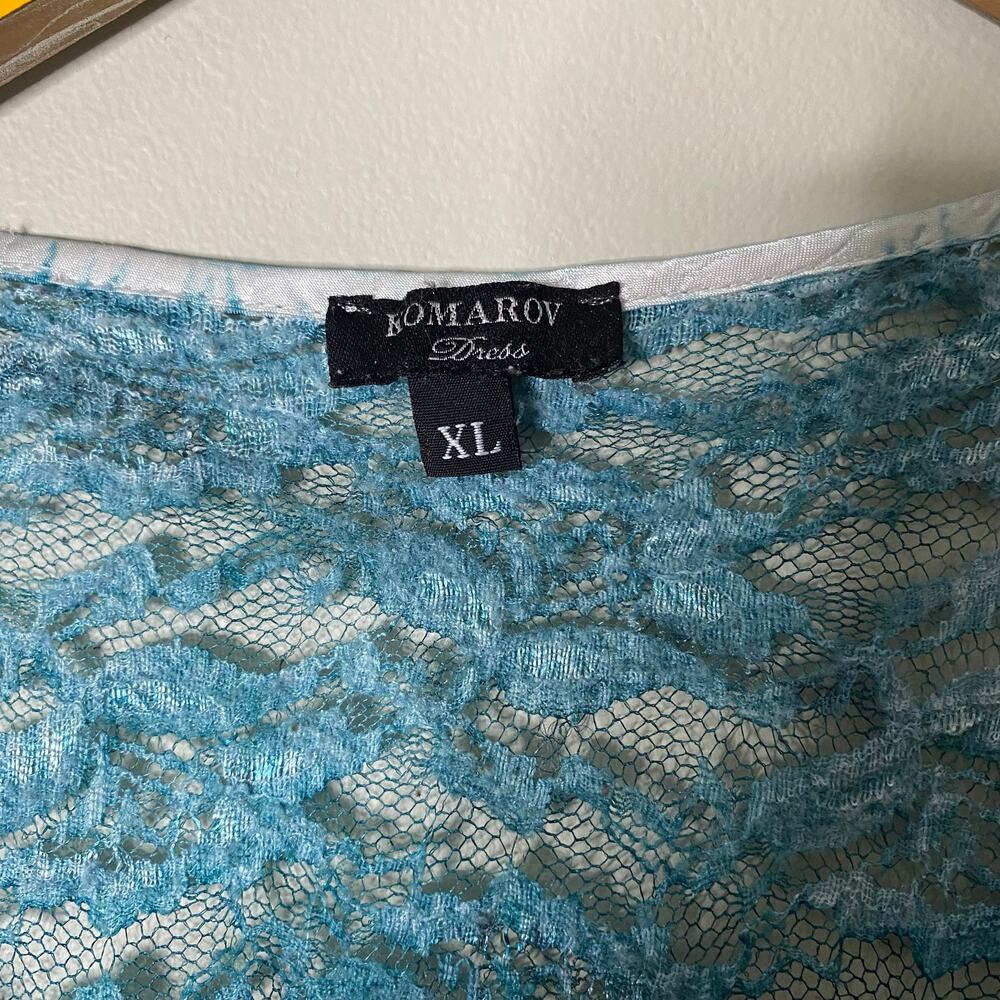 KOMAROV Crinkly Blue Green Leaf Print Lace Panel V-Neck Maxi Dress Size XL - Picture 4 of 8